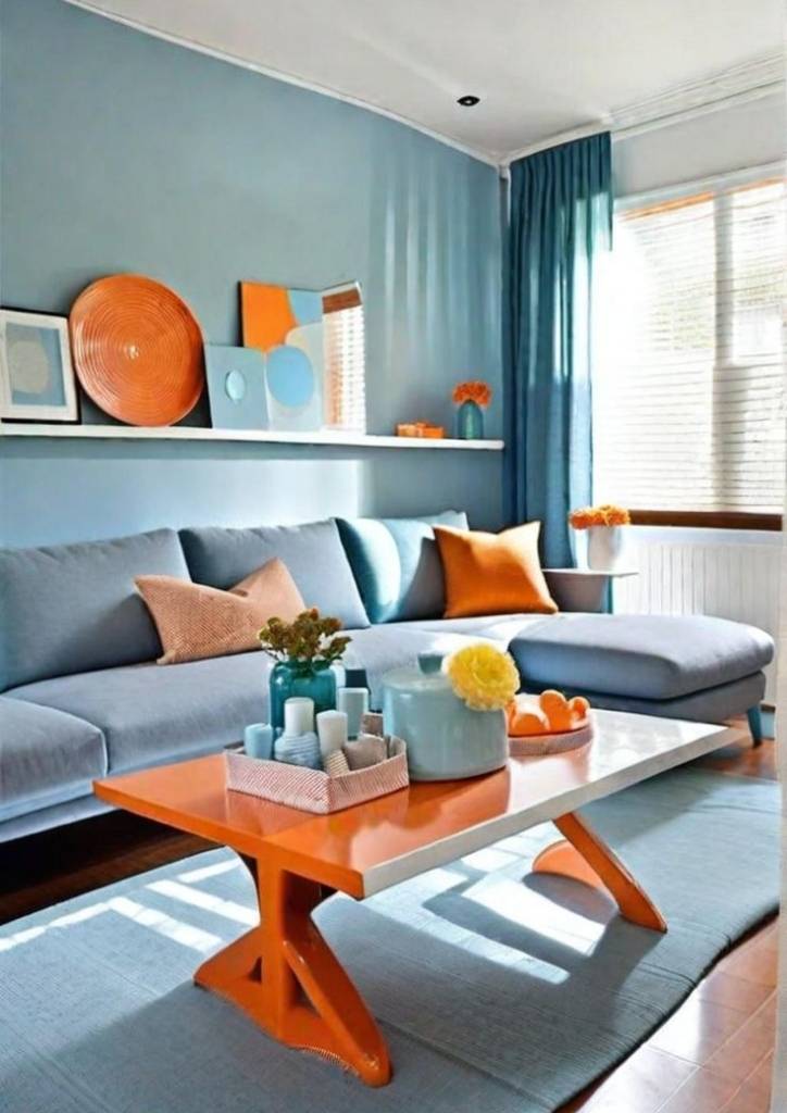 Bright and Cozy Navy Blue and Burnt Orange Living Room