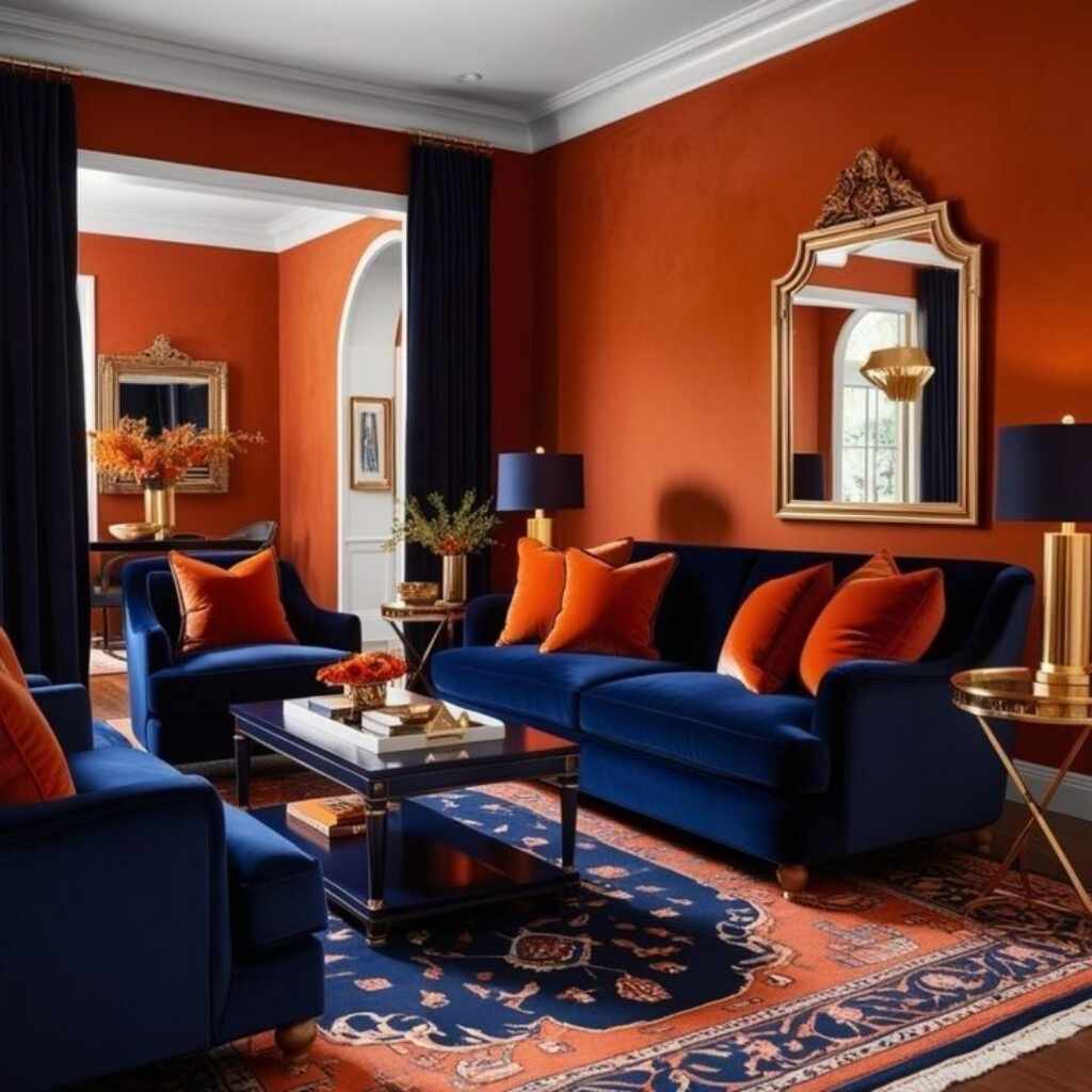 Burnt Orange and Navy Living Room With Bold Contrast