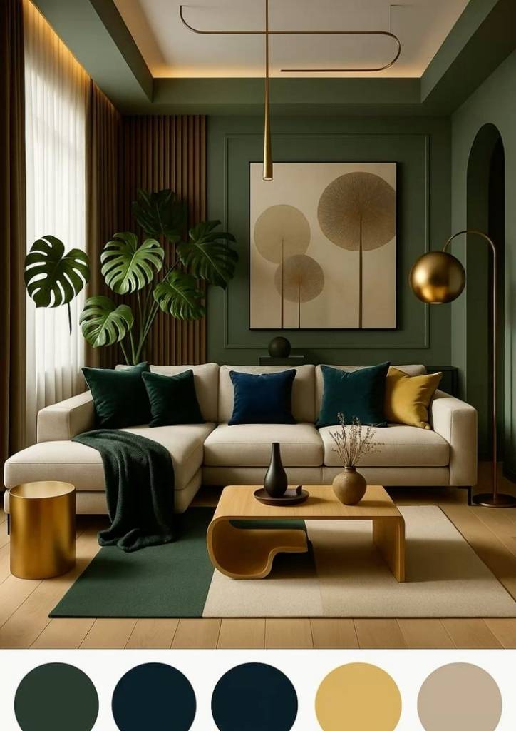 Calm Sage Green and Gold Living Room Design
