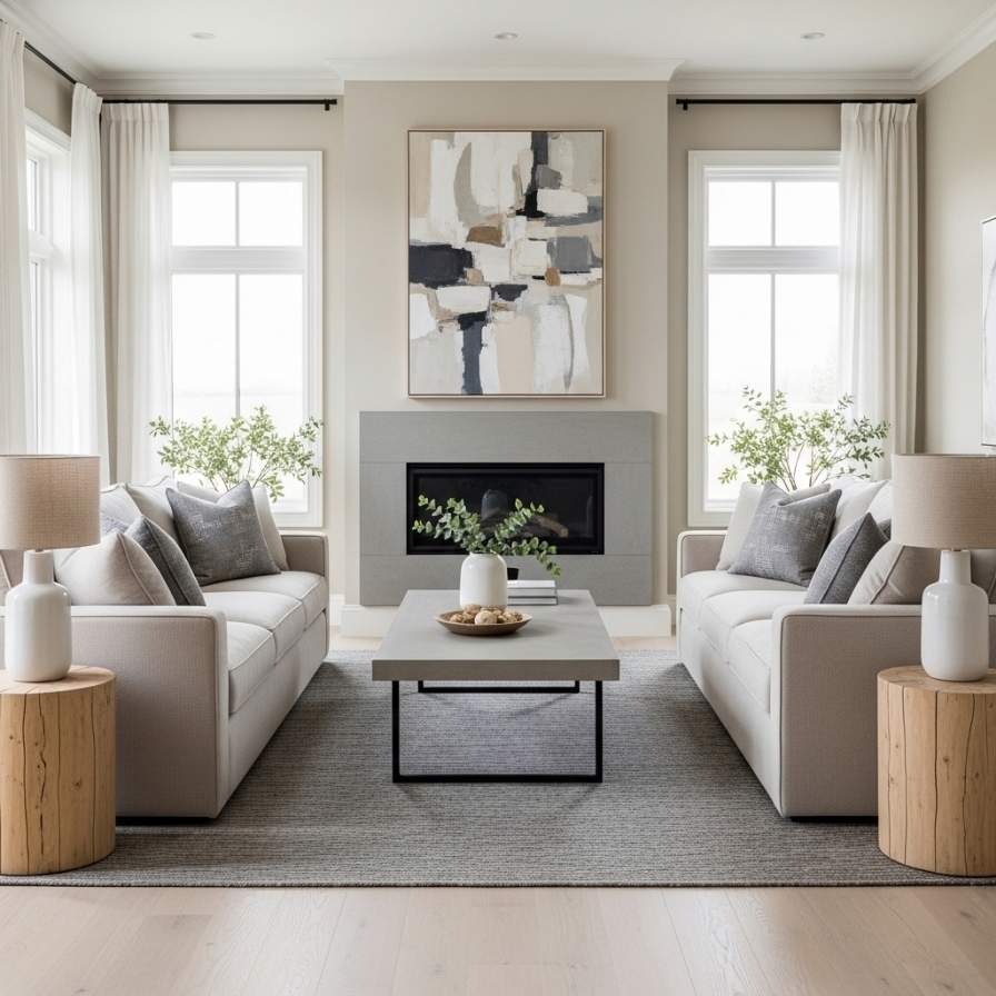 Calm and Contemporary Beige and Grey Living Room Idea