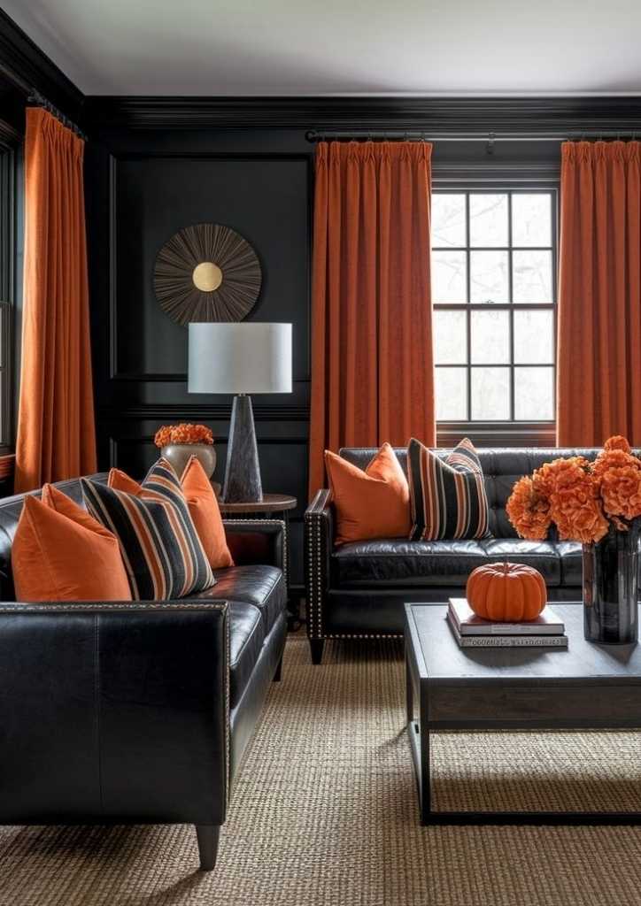 Cozy Burnt Orange Living Room With Black Accents