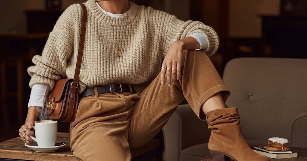 Cozy Coffee Date Outfit with Warm Textures and Relaxed Neutrals