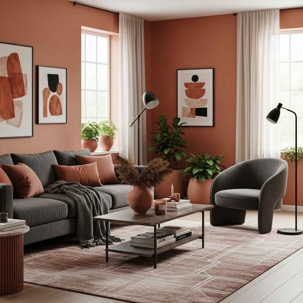 Modern Terracotta Living Room With Charcoal Accents