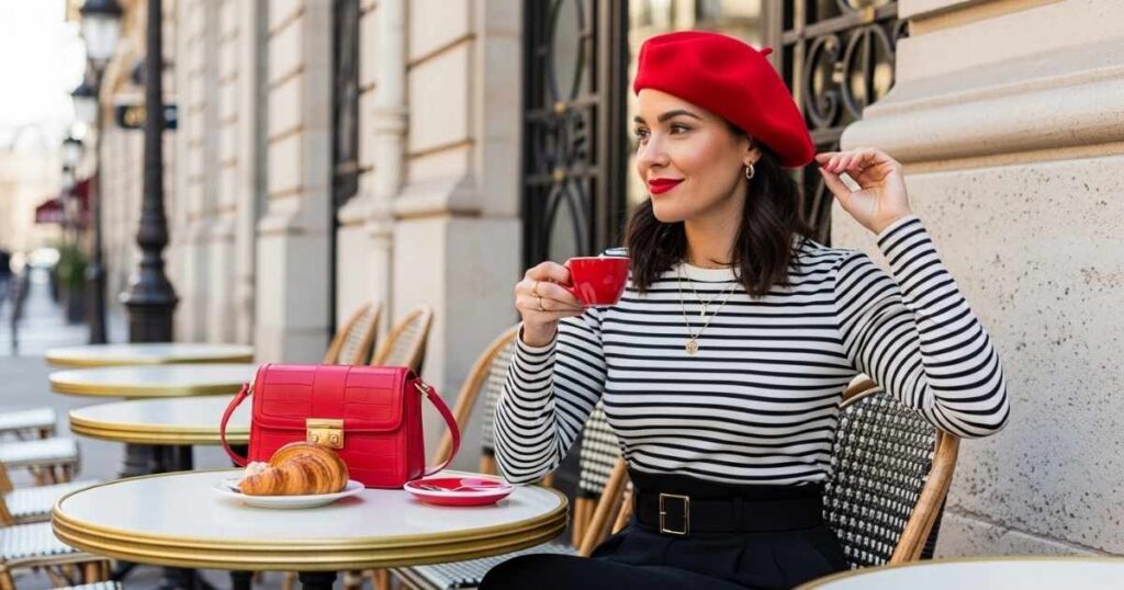 Parisian-Inspired Coffee Date Outfit with Bold Red Accents