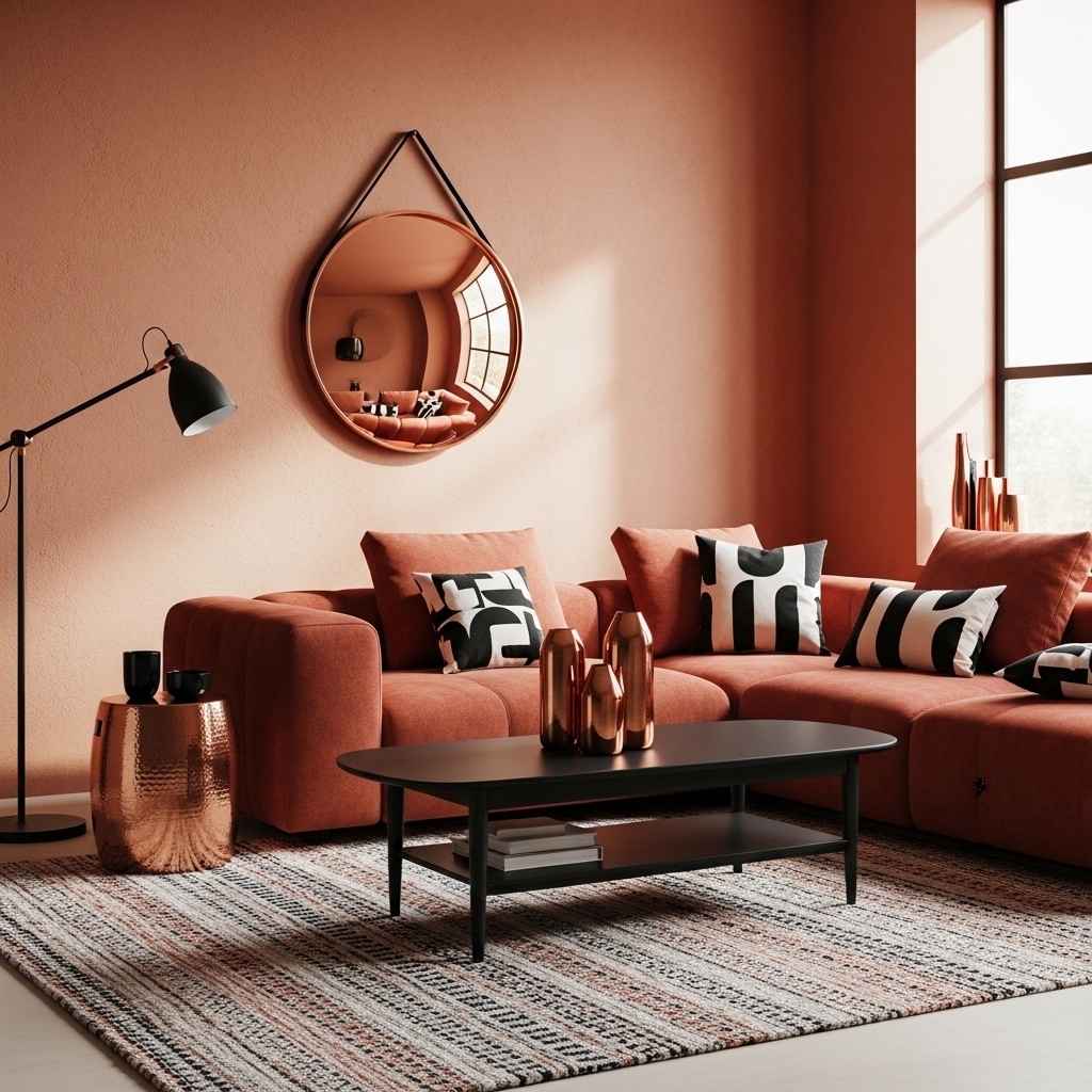 Terracotta Living Room With Black and Copper Accents