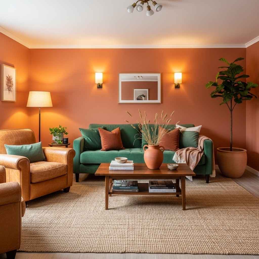 Terracotta Living Room With Emerald Green and Warm Leather