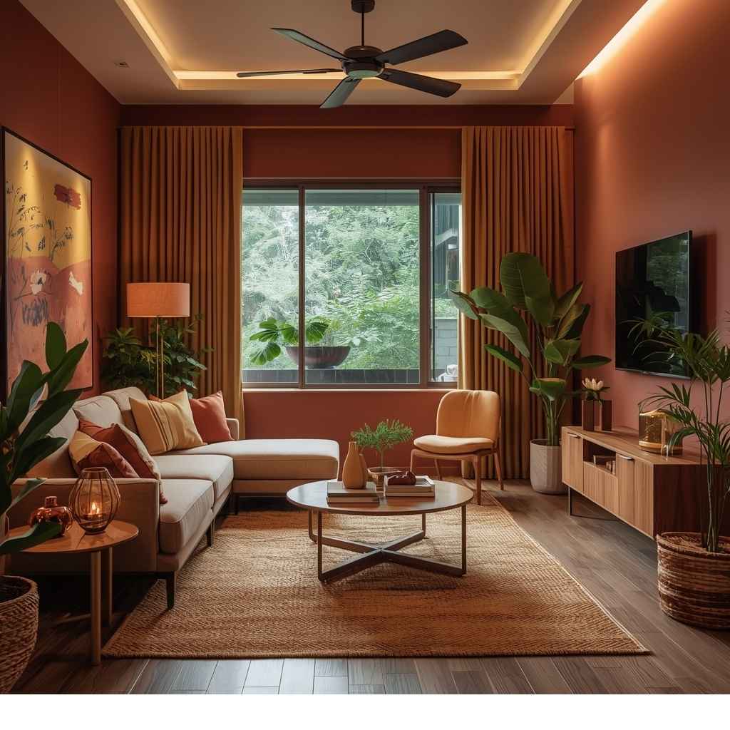 Terracotta Living Room With Mustard Yellow and Soft Neutrals